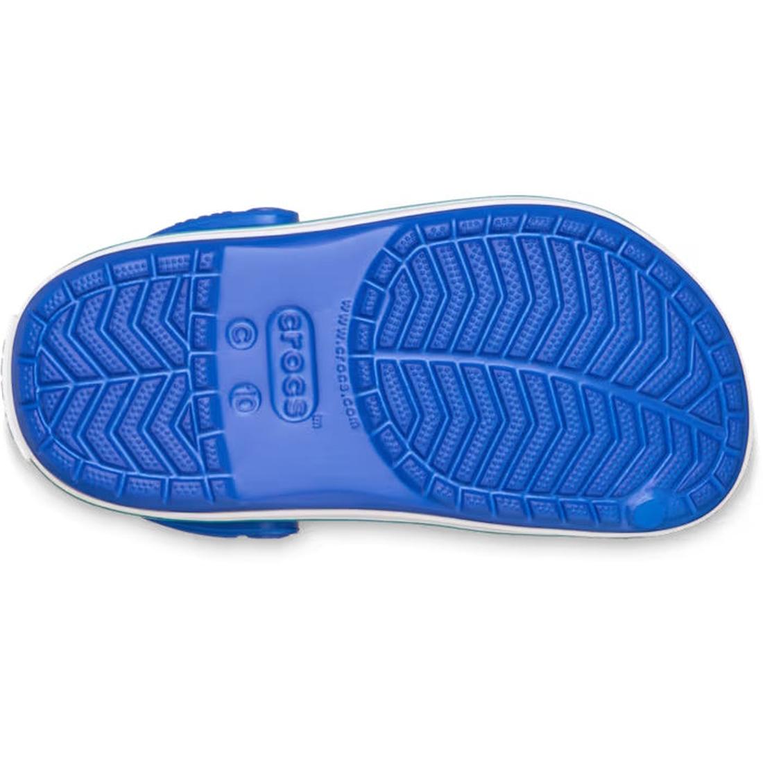 The image shows the bottom view of a Crocs Kids Toddlers Crocband Clog in Blue Bolt Turbo Teal, featuring a textured herringbone-patterned sole with the Crocs logo embossed in the center., 49792, 49793, 49794, 49795, 49796, 198445353277, 198445353284, 198