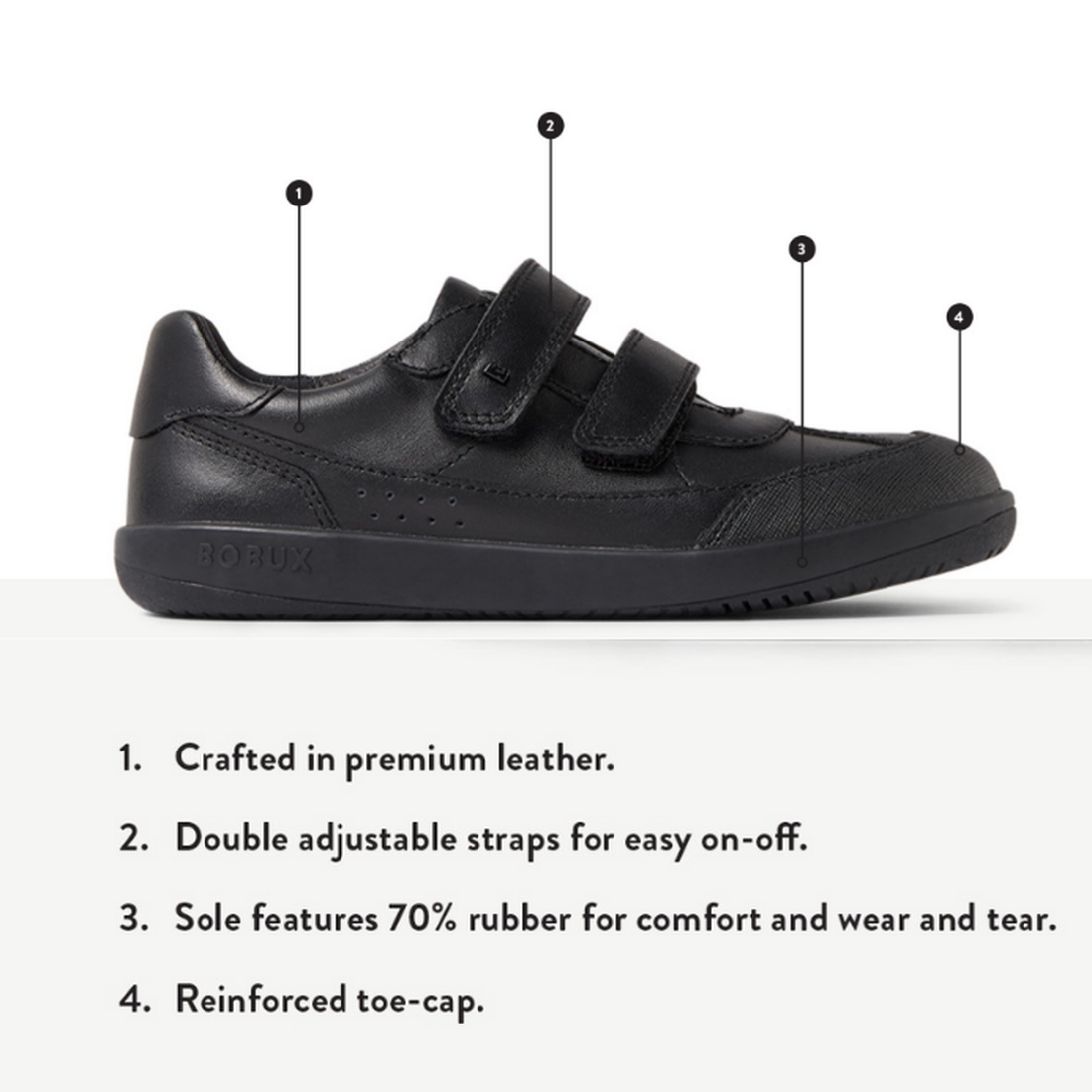 The Bobux Kid+ Black School Leather Shoe Traverse Trainer is a black leather sneaker with two adjustable straps, a reinforced toe cap, and a 70% rubber sole—an ideal kids’ school shoe for comfort, durability, and all-day support., 9420075762978, 942007576