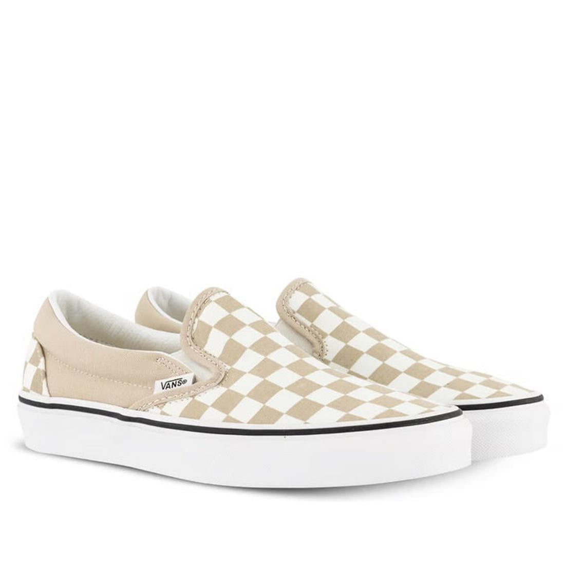 Vans CSO ColorTheory Checkerboard Honey Peach White slip-on shoes with comfy white soles, elastic sides, and easy pull-on style.  ksnz