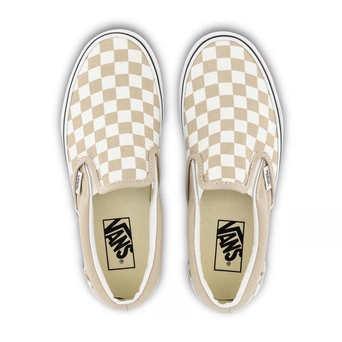 Vans CSO ColorTheory Checkerboard Honey Peach White sneakers, comfy lace-ups with sturdy soles, shown from above on a white background.  ksnz