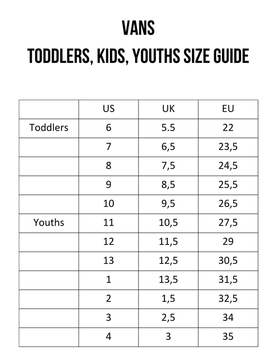 Vans Kids - Youths Authentic Black/White lace-up sneakers size chart, US 6-4. Durable rubber sole, classic style for growing kids.  ksnz