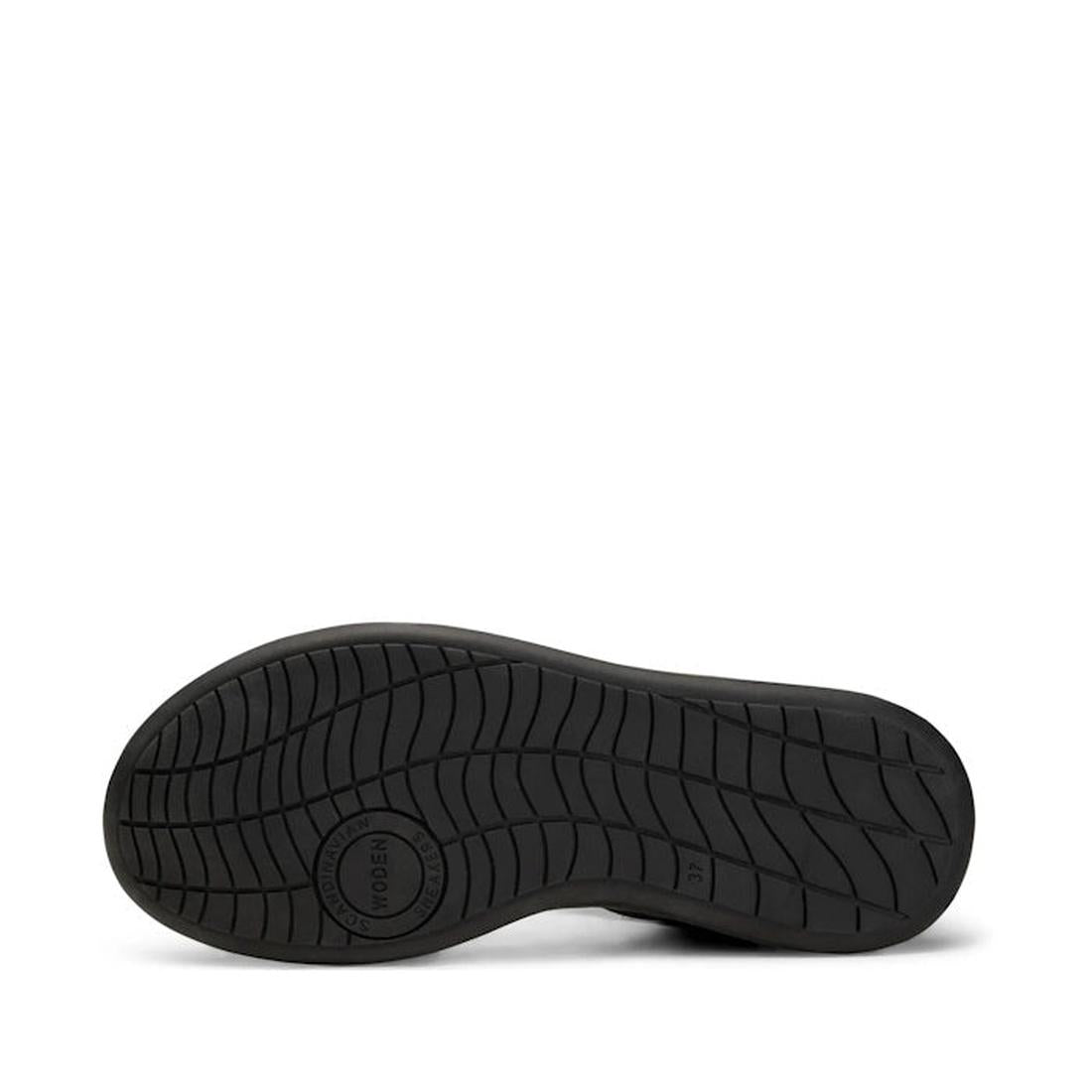The image shows the black rubber sole of the Woden Line Women's 3 Strap Sandal, featuring a comfortable, curved, textured tread for grip. "NOEMI" and size 37 are embossed near the heel center. The background is plain white., 5713326456912, 5713326456929, 