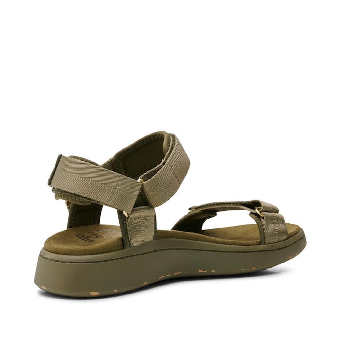 The Woden Line Women's 3 Strap Sandal in Dark Olive is shown from a back side angle, featuring adjustable straps and a cushioned Natural Soft sole, against a white background., 5713326432305, 5713326432312, 5713326432329, 5713326432336, 5713326432343, 571