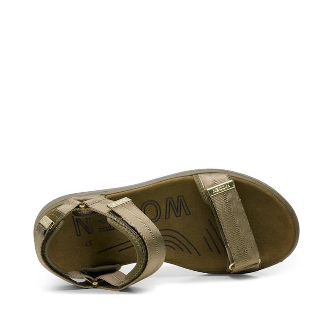 The Woden Line Women's 3 Strap Sandal in dark olive features adjustable straps and a textured footbed with "WOMEN" partially visible, shown from above on a white background., 5713326432305, 5713326432312, 5713326432329, 5713326432336, 5713326432343, 57133