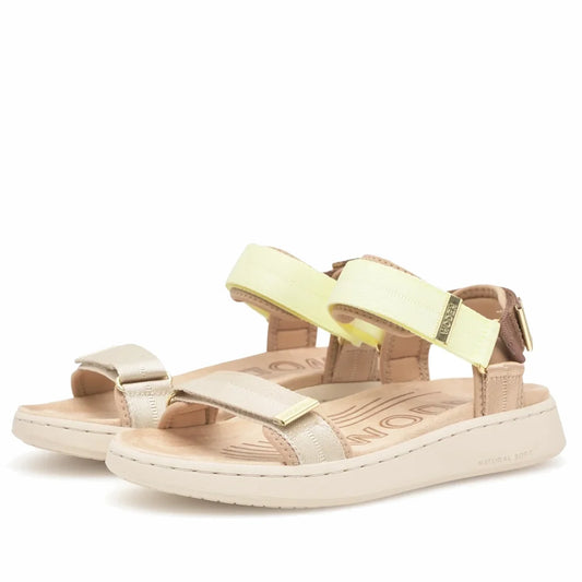 A pair of Woden Line Women's 3 Strap Sandal Wax Multi Lemon & Taupe, featuring beige and light yellow hues, open-toe design, adjustable Velcro straps, and cushioned soles for ultimate comfort. Crafted from recycled materials and positioned side by side on