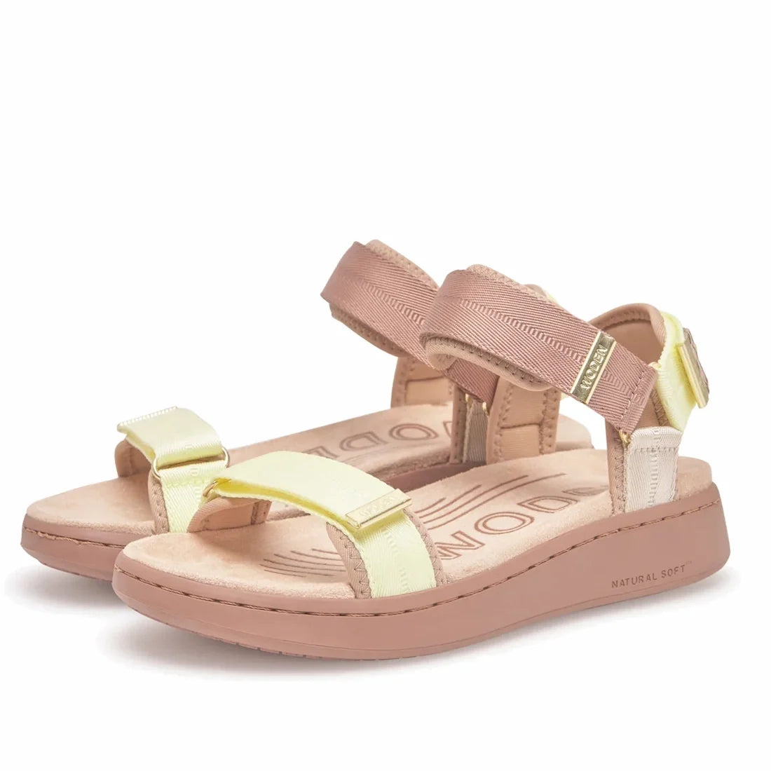 Introducing the Woden Line Women's 3 Strap Sandal in Tricolour Taupe Multi, featuring light yellow and beige straps, cushioned pinkish-brown soles, and adjustable buckles for a secure fit.