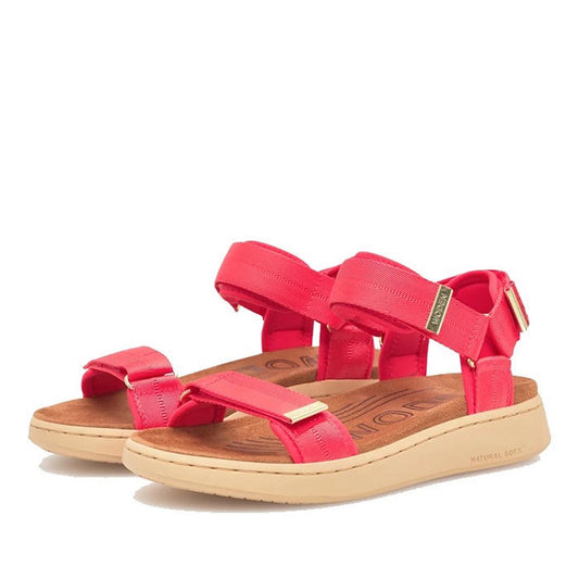 Introducing the Woden Line Women’s 3 Strap Sandal in Flame Red—these vibrant sandals feature adjustable straps and tan rubber soles, blending Scandinavian design for a stylish yet comfortable fit. Perfect as your ideal travel companion, they are displayed