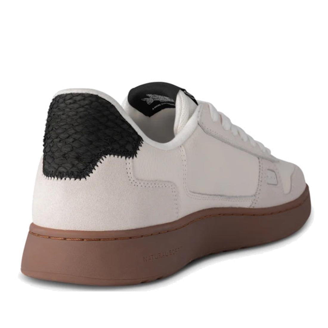 Woden Men's Halfdan Blance de Blanc/Black Leather Sneakers, with a comfy brown sole, white laces, and sturdy black heel panel.  ksnz, 5713326540642, 5713326540659, 5713326540666, 5713326540673, 5713326540680