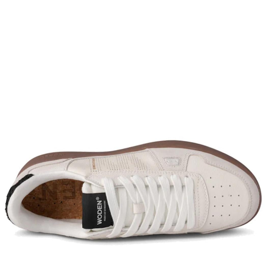 Woden Men's Halfdan Sneaker in white and black, with soft leather, easy white laces, cozy brown sole, and toe perforations.  ksnz, 5713326540642, 5713326540659, 5713326540666, 5713326540673, 5713326540680