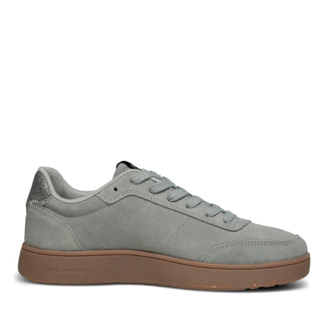 The Woden Men's Tote Autumn Grey Sneaker features certified suede, matching laces and stitching, Natural Soft Technology, a brown rubber sole, and a low-top design. Shown from the side on a white background., 46547, 46548, 5713326540987, 5713326540994, 57, 5713326541007