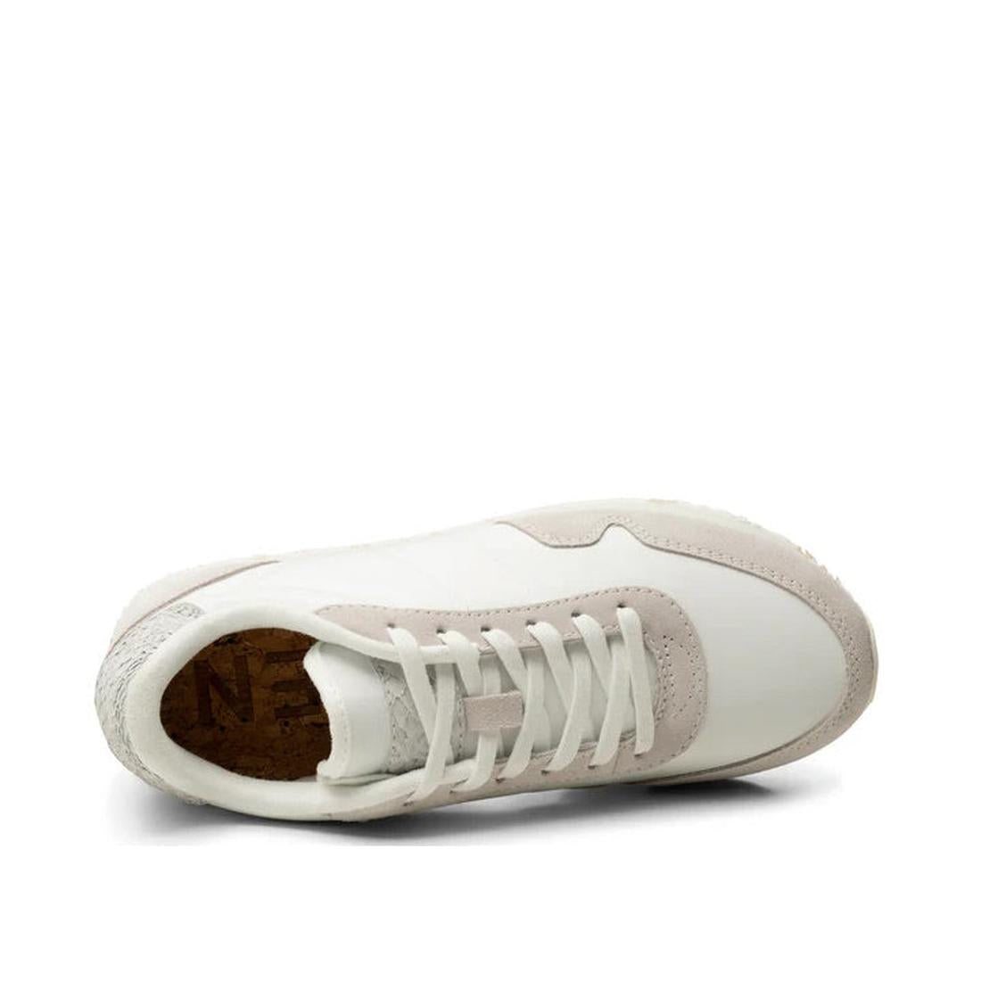 The Woden Womens Sneaker Nora III Nylon/Leather Blanc de Blanc features a lace-up top view, smooth leather and suede textures, and a cork insole—ideal for an urban lifestyle., 5713326428360, 5713326428377, 5713326428384, 5713326428391, 5713326428407