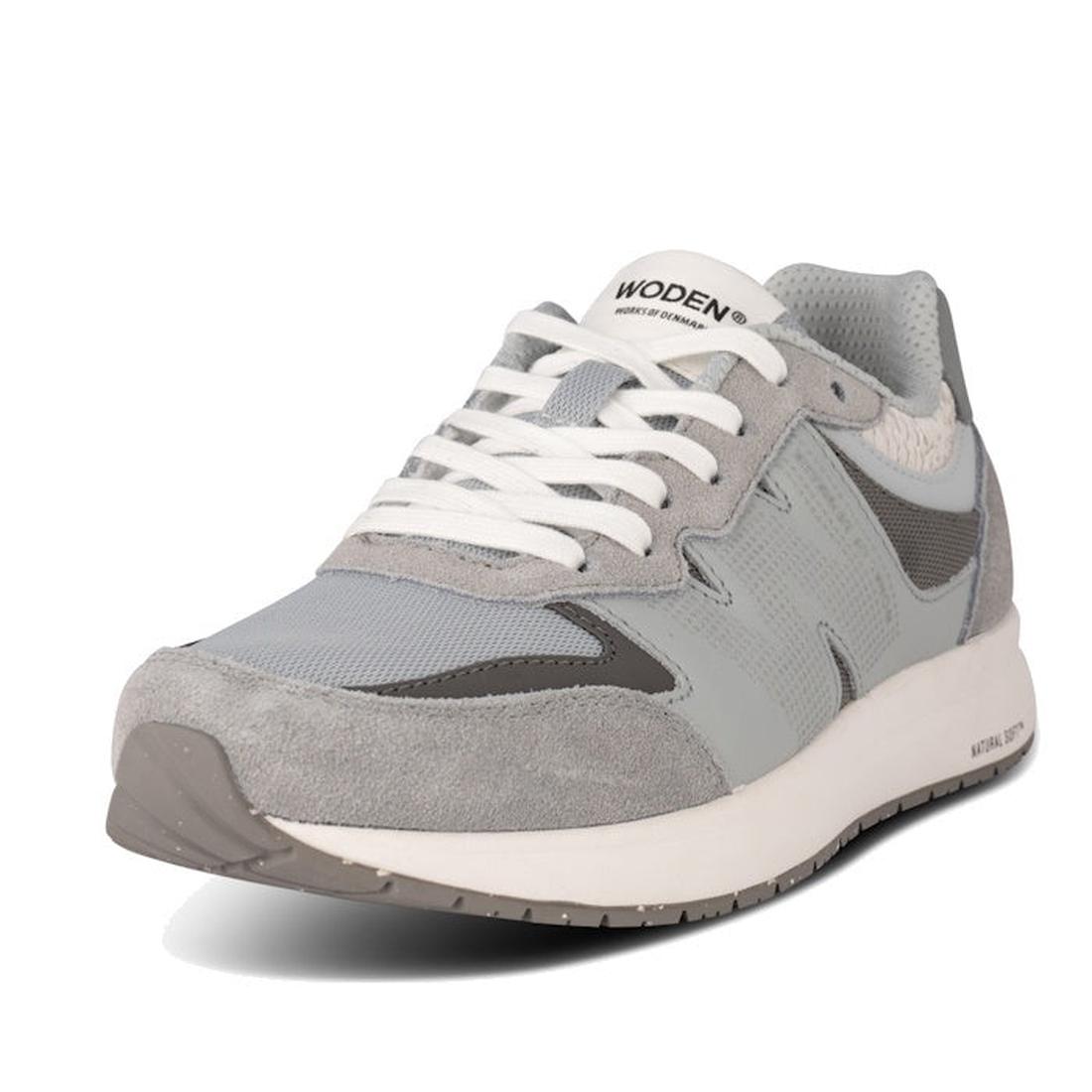 Woden Rigmor Reflective Women's Sneaker in Grey Multi, mesh and suede upper, comfy rubber sole, easy white laces; shown on white.  ksnz