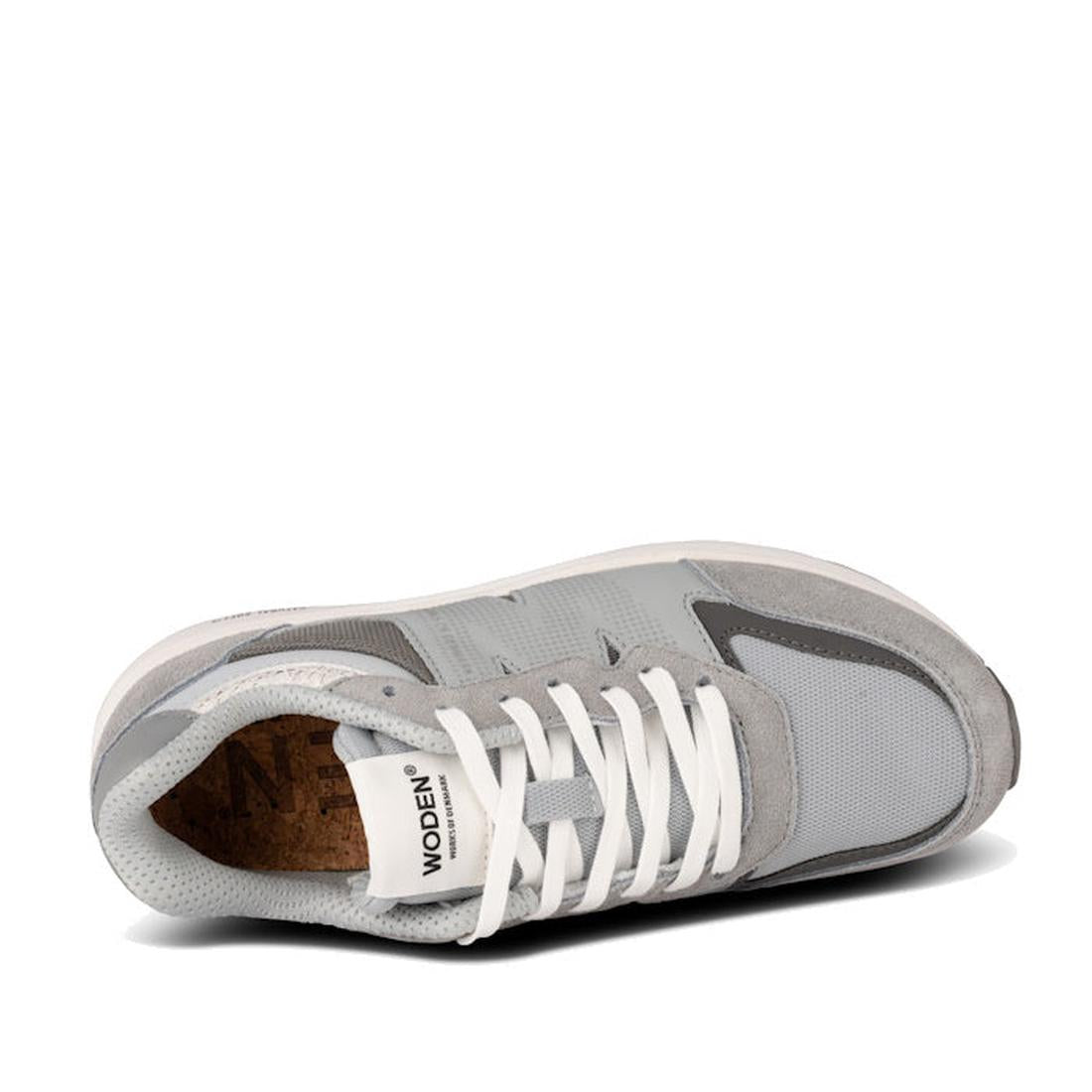 Woden Rigmor Reflective Women's Sneaker in Grey Multi has comfy white laces, soft mesh and suede, a recycled cork sole, and Woden branding.  ksnz, 5713326601046, 5713326601053, 5713326601060