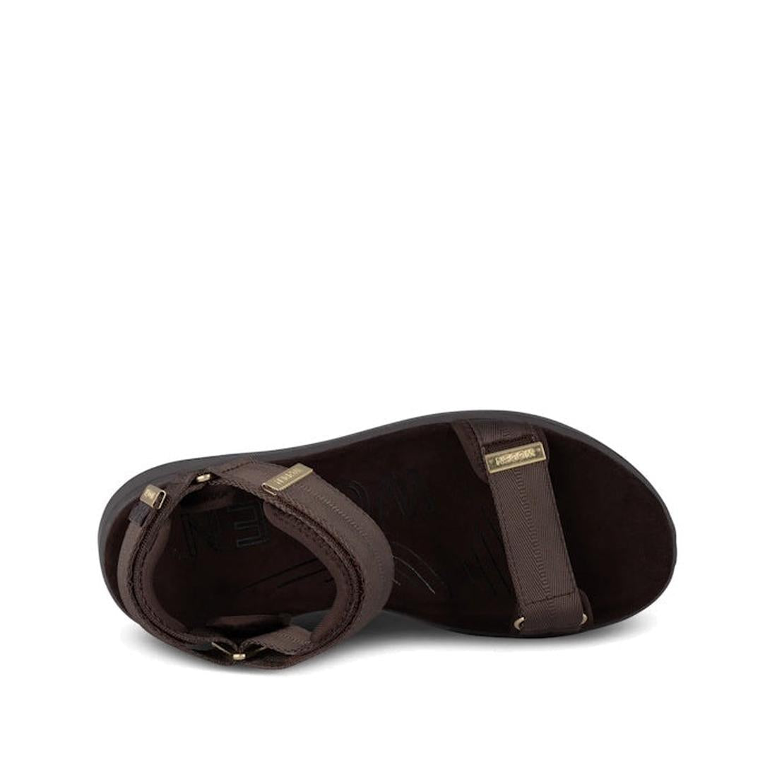 The Woden Line Women's 3 Strap Sandal in Chocolate Brown features an overhead view, ankle buckle strap, and two toe straps. With a flat sole, minimalist style, and Natural Soft technology for added comfort., 48196, 5713326592511, 5713326592528, 5713326592