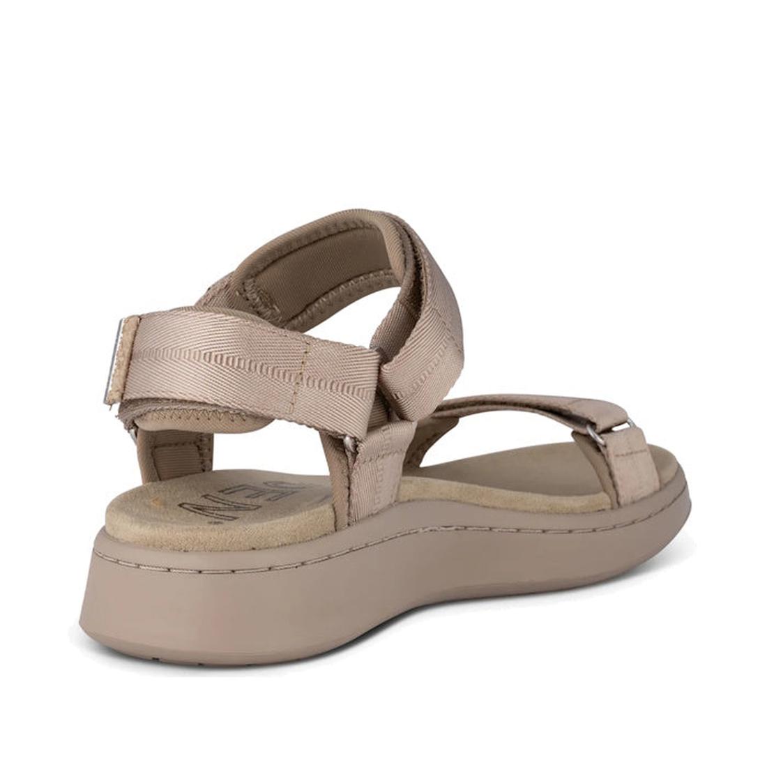 Woden Line Women's 3 Strap Sandal Silver Mink—beige open-toe travel sandals with cushioned soles and adjustable hook-and-loop straps, shown from the rear against a white background., 48203, 48204, 5713326605235, 5713326605242, 5713326605259, 5713326605266