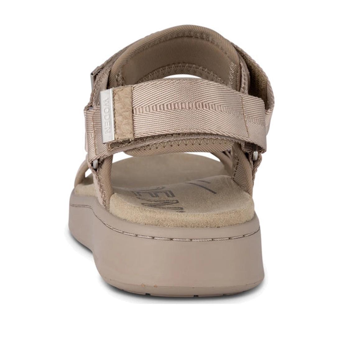 A close-up rear view of the Woden Line Women's 3 Strap Sandal in Silver Mink, showing adjustable velcro straps and a cushioned sole with "NECOL" on the side strap., 48203, 48204, 5713326605235, 5713326605242, 5713326605259, 5713326605266, 48209