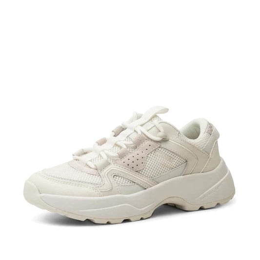 The Woden SIF Reflective Women's Sneaker in Blanc de Blanc White features a chunky off-white design with mesh and leather panels, reflective details, white laces, and subtle beige accents, shown on a plain white background.