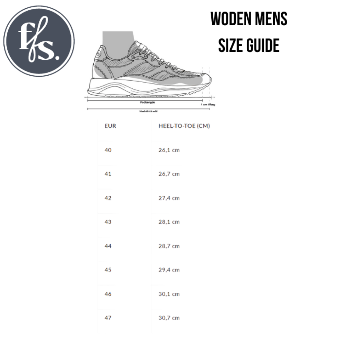 The Woden - Mens Halfdan Blance de Blanc/Black Sneaker Leather size guide shows a measurement diagram, EUR sizes 40-47 with heel-to-toe lengths from 26.1–30.7 cm, certified leather, and an ffs logo at the top left., 46549, 5713326540642, 5713326540659, 57