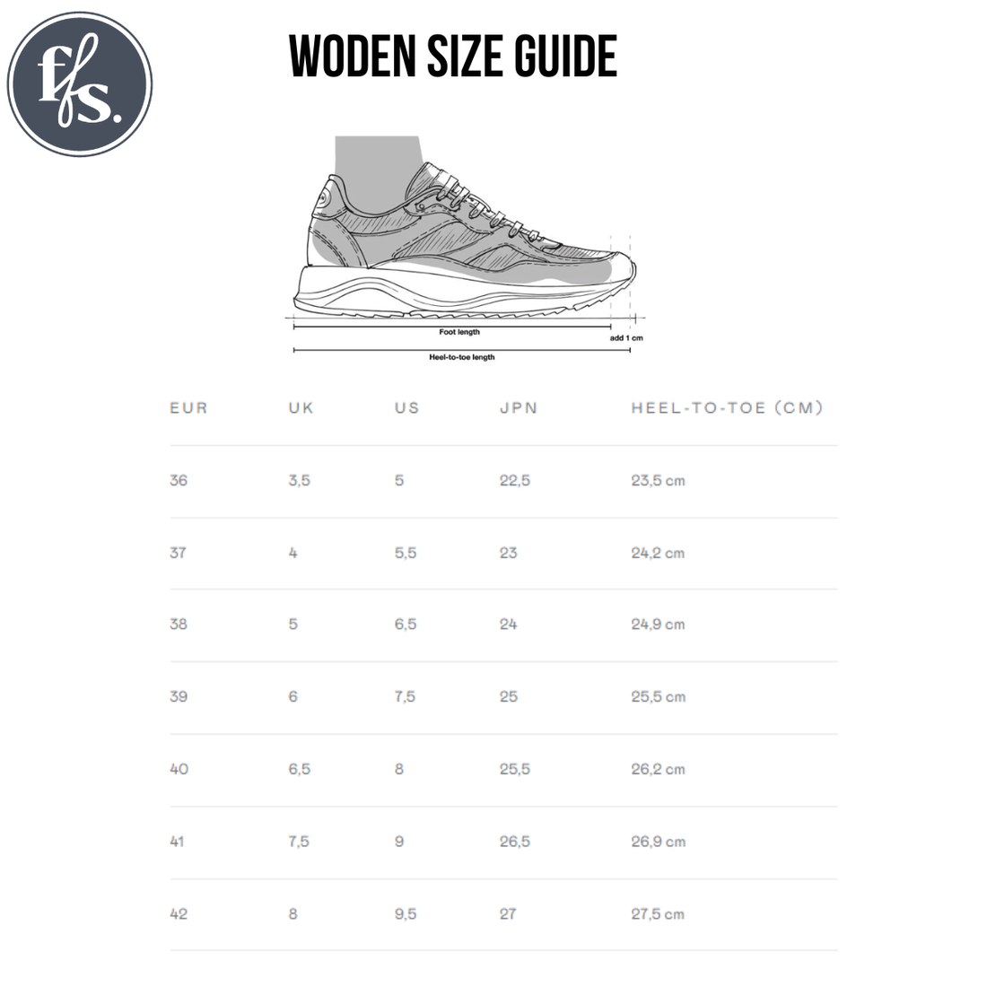 Woden size guide with shoe illustration and measurement chart on a white background, 52814, 52815, 5713326703153, 5713326703160, 5713326703177, 52819, 52820, 48636, 5713326607703, 5713326607710, 5713326607727, 5713326607734, 5713326607741, 5713326607758, 