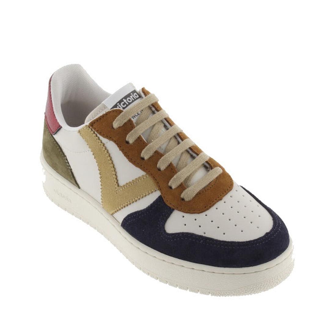Victoria Madrid Navy White Lace Up Sneaker for kids, with a comfy white sole, beige laces, and colorful suede touches for all-day fun.  ksnz
