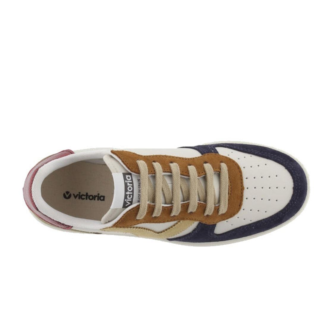 Victoria Madrid Navy White Lace Up Sneaker for women with a comfy sole, beige laces, navy and brown suede accents, and maroon heel tab.  ksnz, 8433101144045, 8433101144052, 8433101144069, 8433101144083