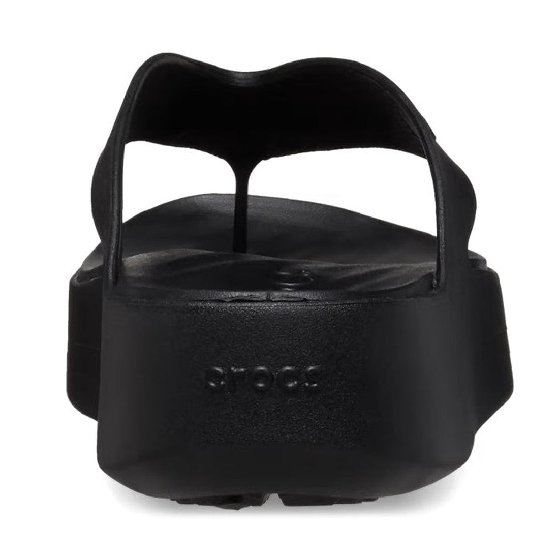 A rear view of the Crocs Womens Getaway PLATFORM Flip Sandal in black, featuring a thick sole, wide straps, "STOCC" embossed on the heel, and Free Feel Technology for enhanced comfort., 42101, 196265540471, 196265540488, 196265540495, 196265540501, 196265