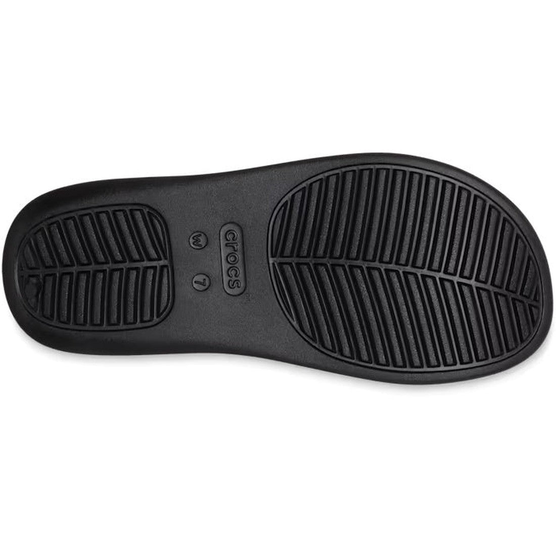 The Crocs - Womens Getaway PLATFORM Flip Sandal Black has a black rubber sole with a grooved tread, "CROCS" embossed in the center, and size marking W 7—designed for Getaway comfort., 42101, 196265540471, 196265540488, 196265540495, 196265540501, 19626554