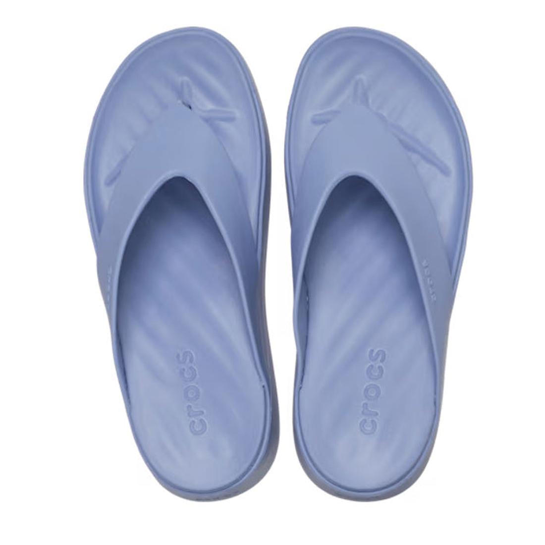 The Crocs - Womens Getaway PLATFORM Flip Sandal in Blue Haze, shown from above, features Free Feel Technology and displays the Crocs logo on the insole; part of the Crocs Getaway Collection., 49903, 49904, 198445274244, 198445274251, 198445274268, 49908, 
