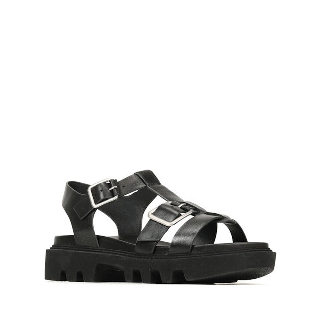 The EOS Womens Flic Chunky Look Leather Sandal in black features thick soles, wide crisscross leather straps, and two silver buckles over the foot and ankle—shown on a plain white background.