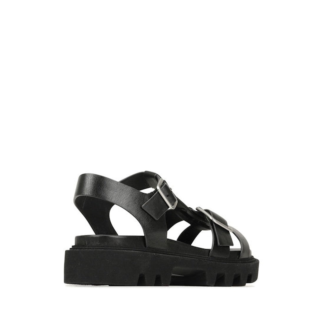 The EOS Womens Flic Chunky Look Leather Sandal in black is shown in side profile against a white background, featuring thick straps, a buckle closure, and a ridged sole for a modern twist on classic fisherman sandals., 40406, 9321191217277, 9321191217284,