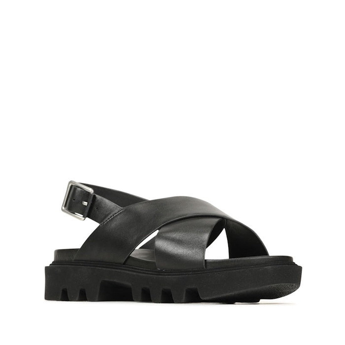 The EOS Womens Flighty Chunky Look Leather Sandal in black features wide crisscross leather straps, a thick rugged sole, and an adjustable ankle strap. The sandal is photographed on a white background.