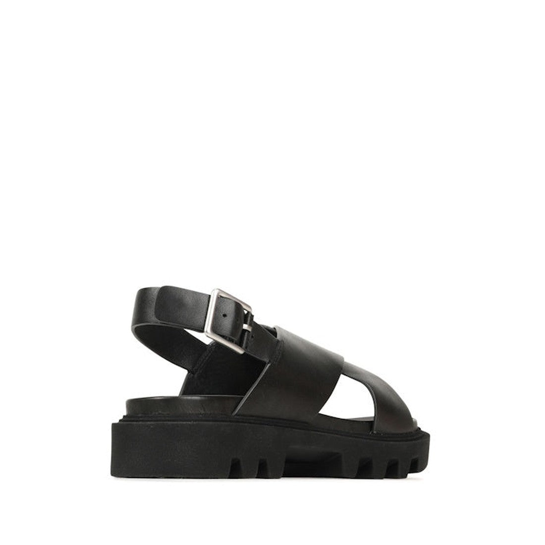 The EOS Womens Flighty Chunky Look Leather Sandal in black features wide straps, a rugged thick sole, and a silver ankle buckle, displayed in side profile on a white background., 40392, 9321191060378, 9321191060385, 9321191060392, 9321191060408, 932119106