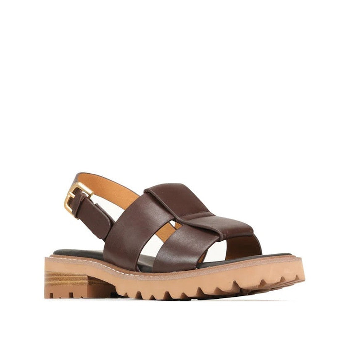 The EOS Womens Leonella Dark Brown Sandal with Back Strap features crisscross cashmere leather straps, an open toe, chunky tan block heel with rugged tread, and a gold adjustable ankle buckle. Displayed on a white background.