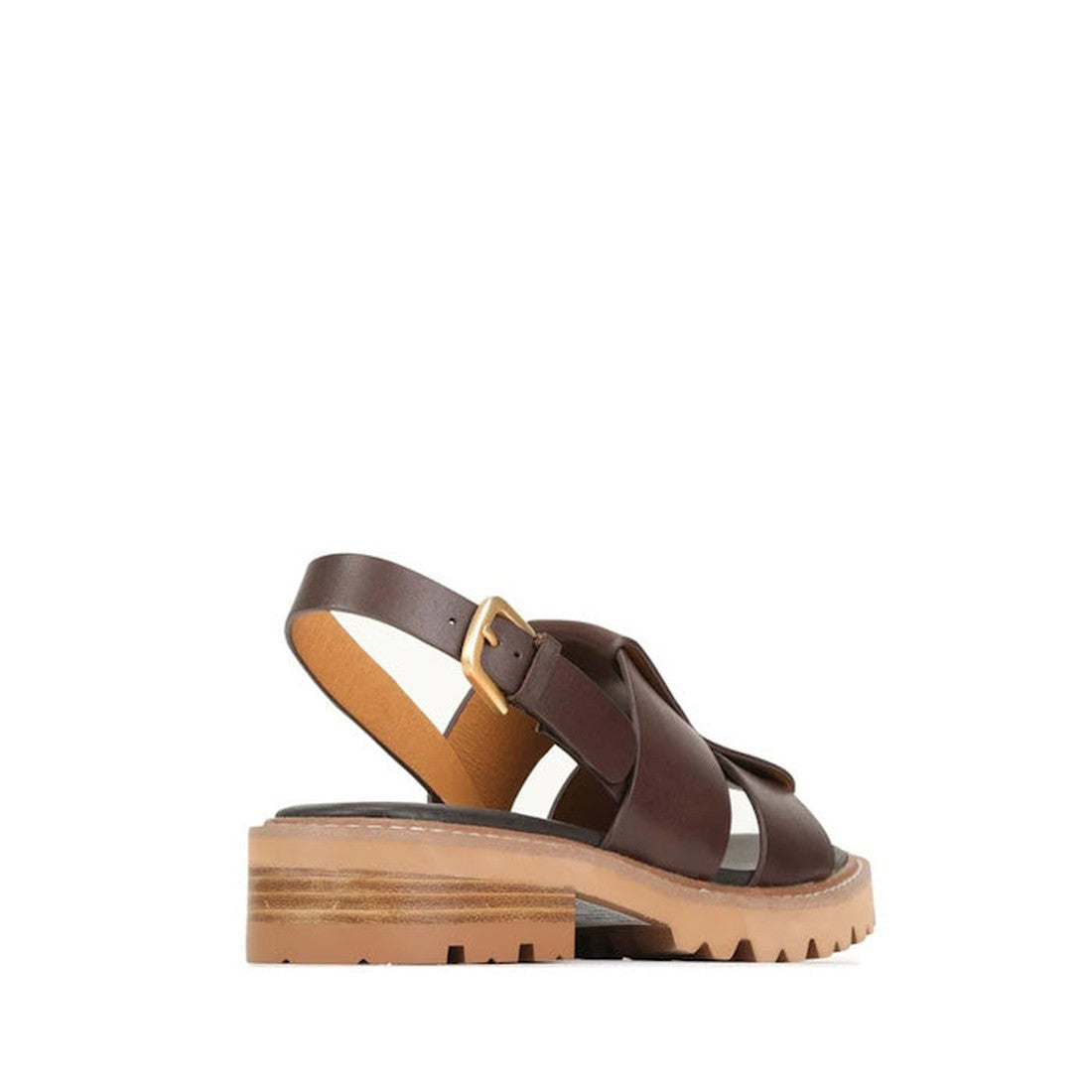 The EOS Womens Leonella Dark Brown Sandal with back strap is shown against a white background. It features cashmere leather, a closed toe, gold buckle, tan rubber sole, and a chunky ridged block heel for added grip and style., 40427, 9321191223438, 932119