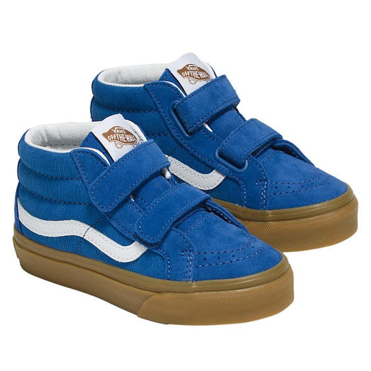 Vans Kids Sk8 Mid Reissue Corduroy Pop Blue sneakers with white stripes, sturdy brown rubber soles, and easy hook-and-loop straps.  ksnz