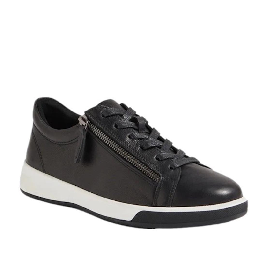 The Ziera Aito XF Women's Casual Sneaker Zip Black is a low-top leather sneaker with black laces, side zipper, and white sole. It offers high arch support for comfort and a modern look for everyday style.