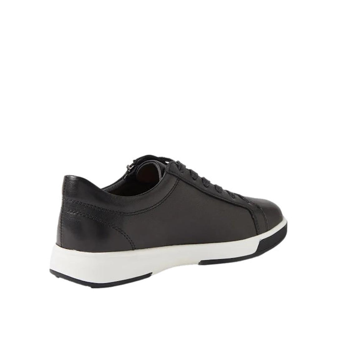 The Ziera Aito XF Women's Casual Sneaker Zip in black features a black leather upper, black laces, white rubber sole, and an extra wide fit. Shown from the back-left side against a white background., 51068, 51069, 9361118012652, 9361118012653, 93611180126