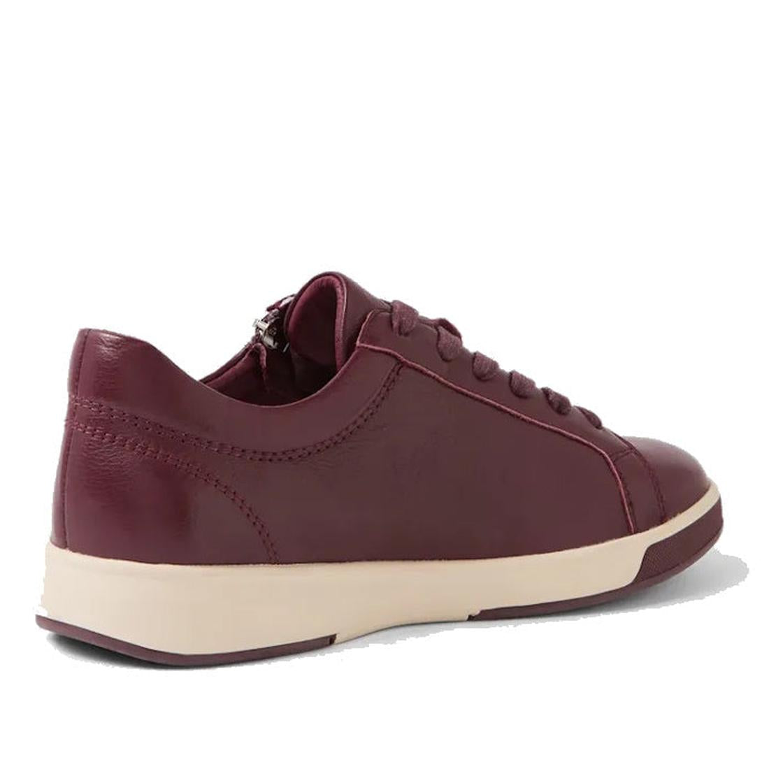 The Ziera Aito XF Women's Casual Sneaker Zip in Burgundy features maroon leather, matching laces, high arch support, and an off-white sole, shown from a rear side angle against a white background., 50820, 4434755348790, 4434755348891, 4434755348784, 44347
