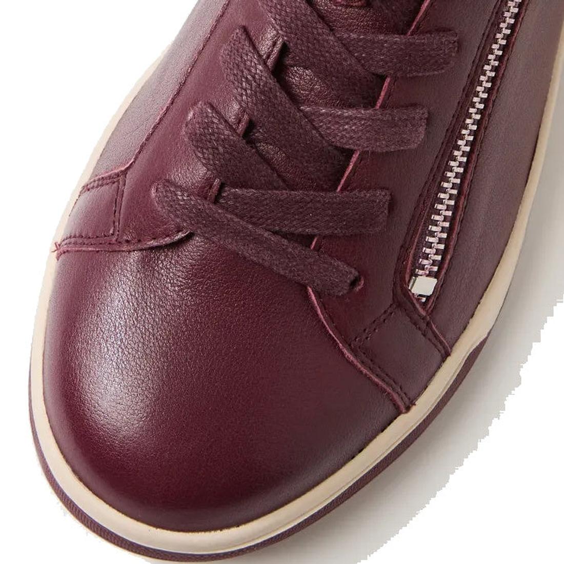 Close-up of the Ziera Aito XF Women's Casual Sneaker Zip in burgundy leather with matching laces, a side zipper, off-white rubber sole, and high arch support for all-day comfort., 50820, 4434755348790, 4434755348891, 4434755348784, 4434755348791, 44347553