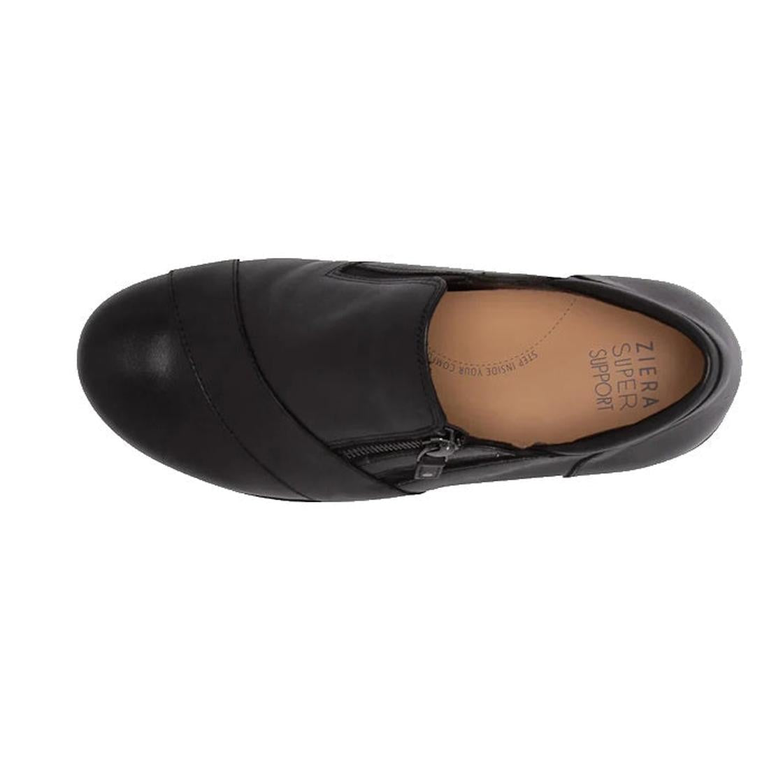 Top view of the Ziera Sage XF Women's Wedge Heel Shoe in black leather, featuring a side zipper, tan insole labeled Ziera Super Support, and high arch support., 9355342543724, 9355342095629, 9355342095636, 9355342095643, 9355342095650, 9355342095667, 5098