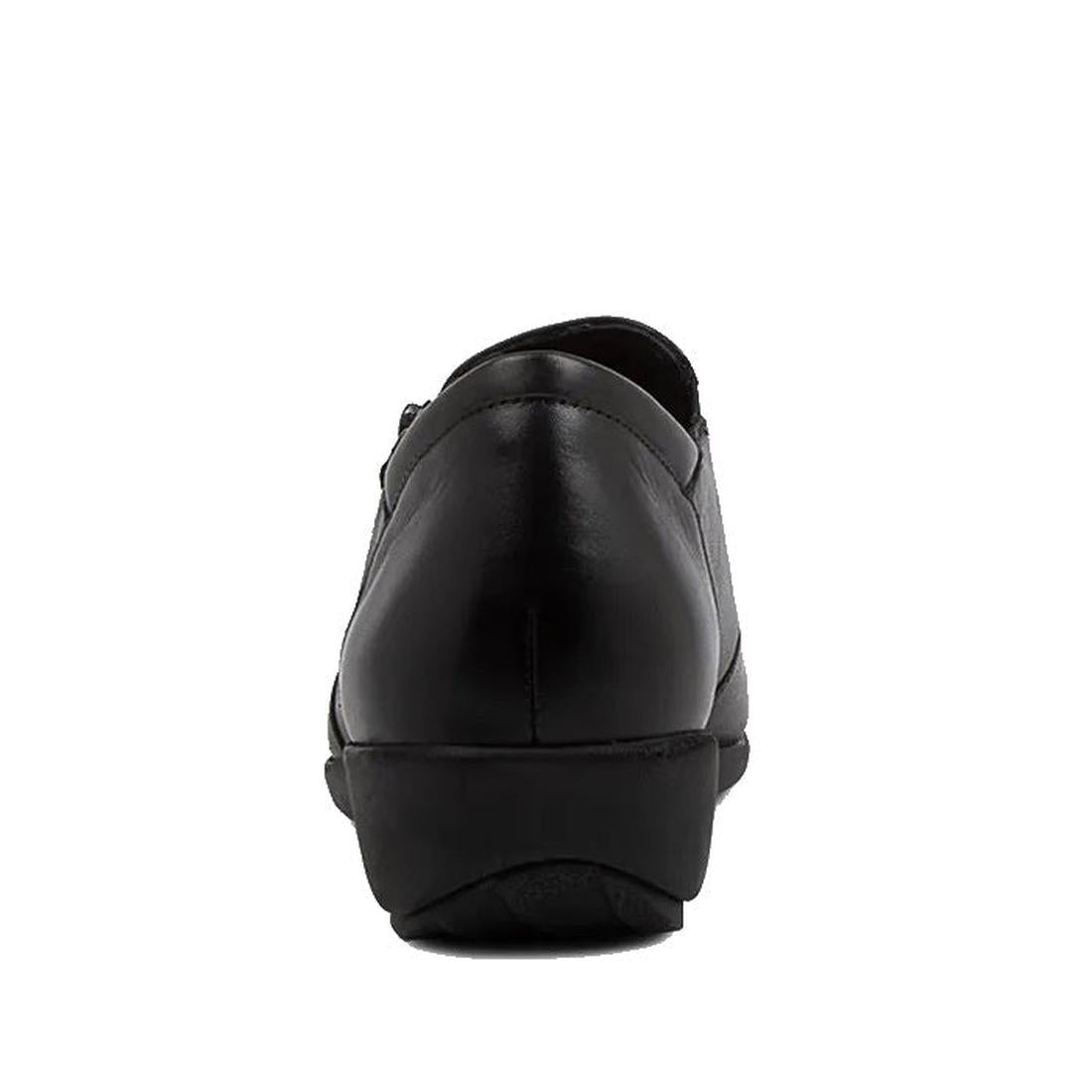 Rear view of the Ziera Sage XF Women's Wedge Heel Shoe in black leather with a rubber sole and extra wide fit, featuring a convenient zip, displayed against a plain white background., 9355342543724, 9355342095629, 9355342095636, 9355342095643, 93553420956