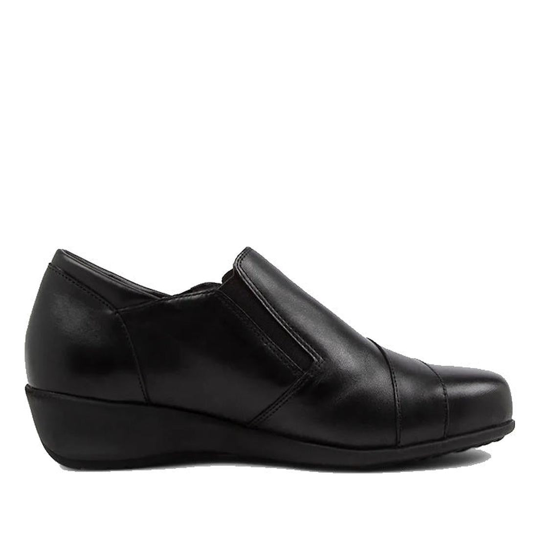 The Ziera Sage XF Women's Wedge Heel Shoe in black leather features a low wedge heel, rounded toe, minimal stitching, and high arch support. Shown in left side profile view against a white background with zip closure detail., 9355342543724, 9355342095629,