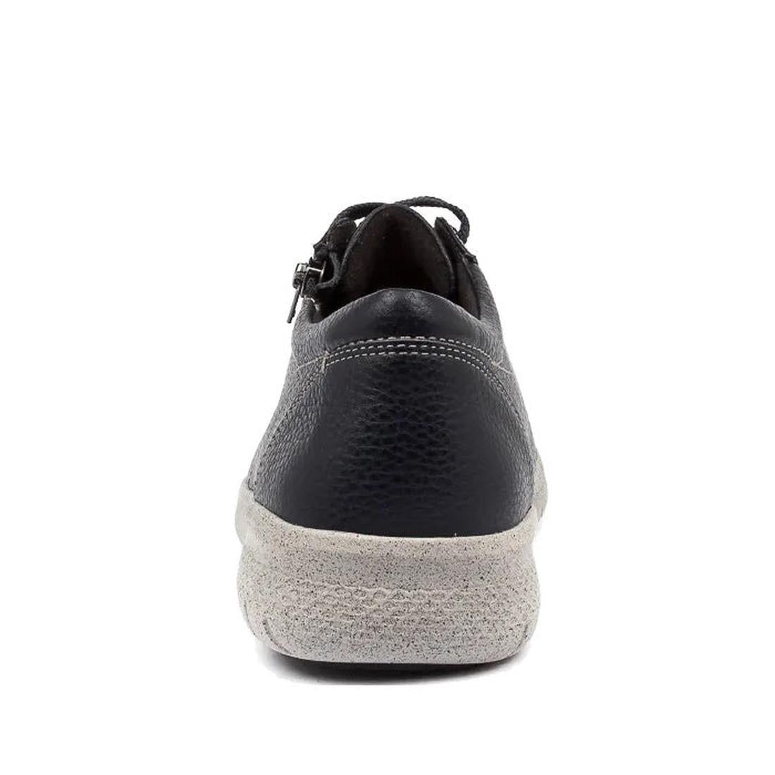 A rear view of the Ziera Solar XW Women's Casual Sneaker Zip in ink blue leather, featuring high arch support, a textured white rubber sole, and visible heel and stitching details against a plain white background., 9355342543731, 9355342095476, 9355342095
