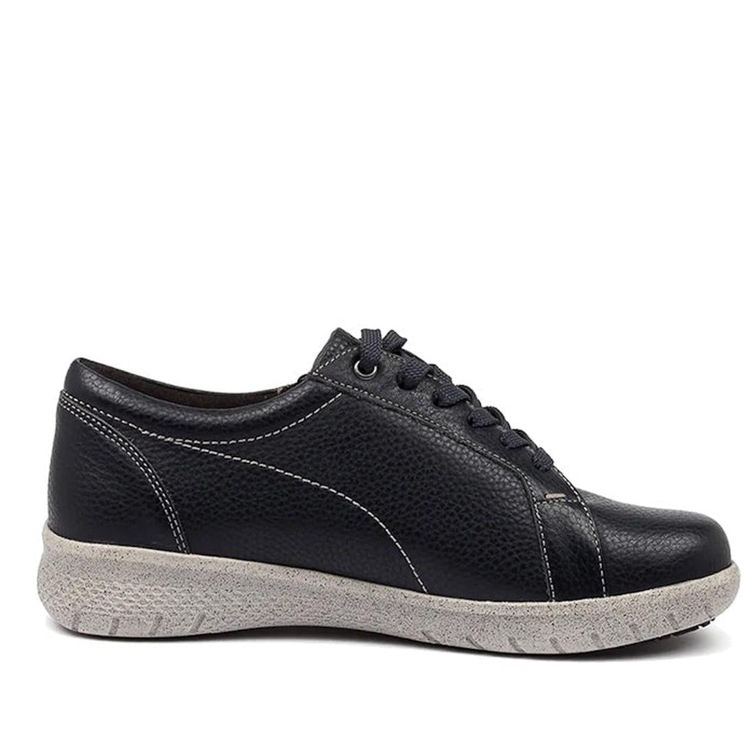 The Ziera Solar XW Women's Casual Sneaker Zip features ink blue leather, lace-up and zip closure, high arch support, white stitching, and a thick textured light gray sole, shown in side profile on a white background., 9355342543731, 9355342095476, 9355342