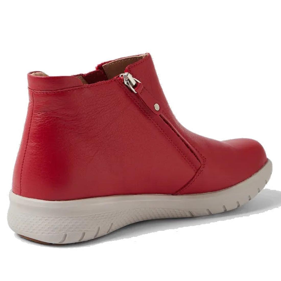 The Ziera Solange XF Leather Women's Ankle Boot in red features a side zipper, a white textured rubber sole, and a removable super support footbed, displayed from a rear side angle against a white background., 51061, 4434750236376, 4434750236390, 44347502