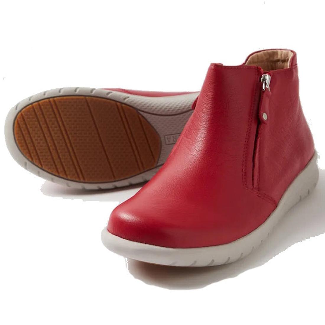 The Ziera Solange XF Leather Women's Ankle Boot in red features an extra wide fit, white rubber sole with textured tread, side zipper, and a removable super support footbed. One boot stands upright while the other shows the sole., 51061, 4434750236376, 44