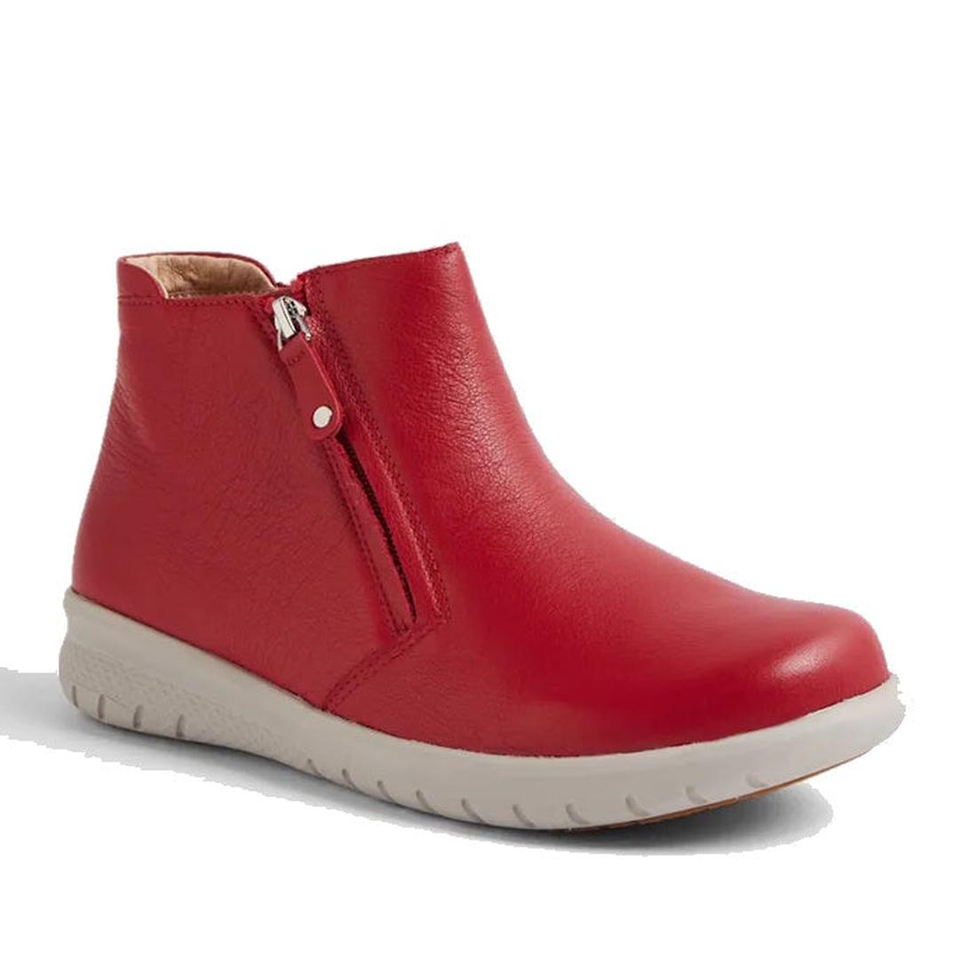 Ziera Solange Red ankle boot right foot image showing outer foot and toe view. off white sole and zip on the outer foot for easy access. low wegde type heel.
