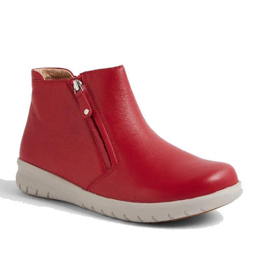 Ziera Solange Red ankle boot right foot image showing outer foot and toe view. off white sole and zip on the outer foot for easy access. low wegde type heel.