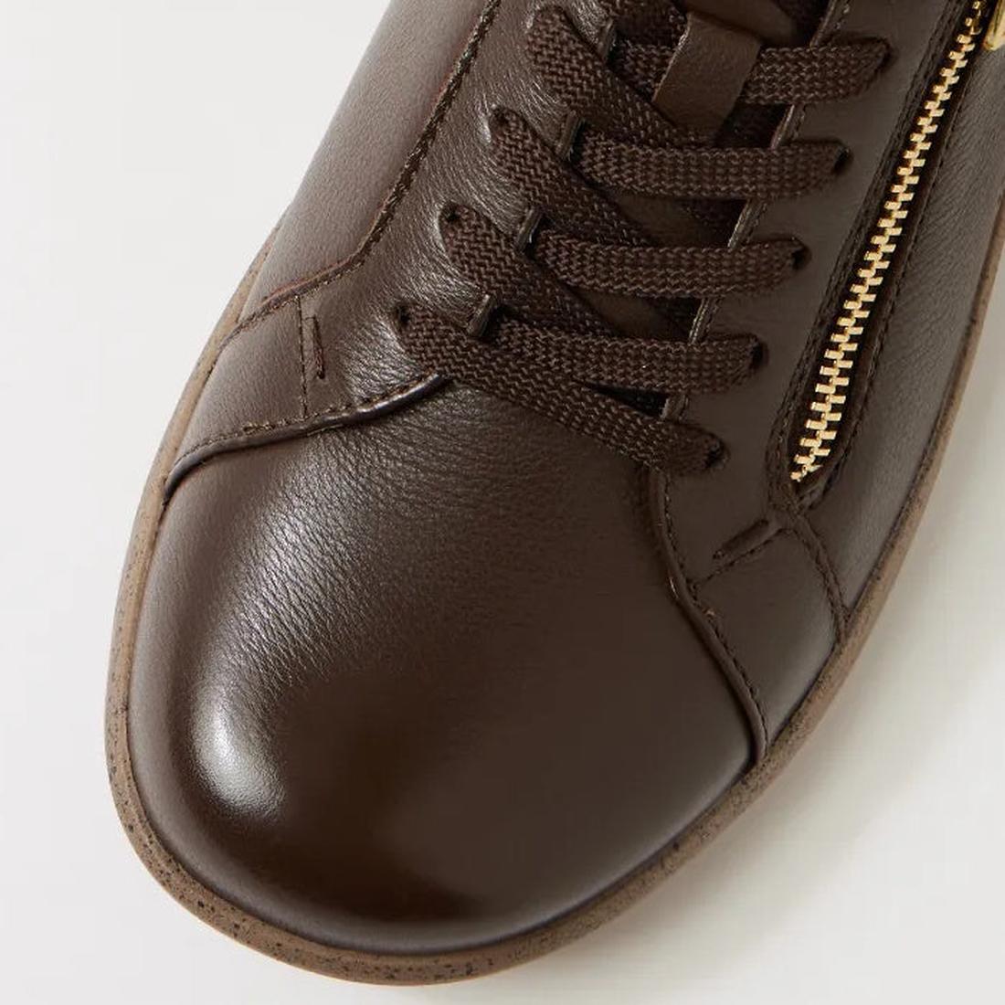 Close-up of the toe and laces of the Ziera Solar XW Women's Casual Sneaker in chocolate brown leather, featuring high arch support and a gold side zipper detail, shown against a light background., 51019, 44347555285581, 4434755525604, 4434755525628, 44347