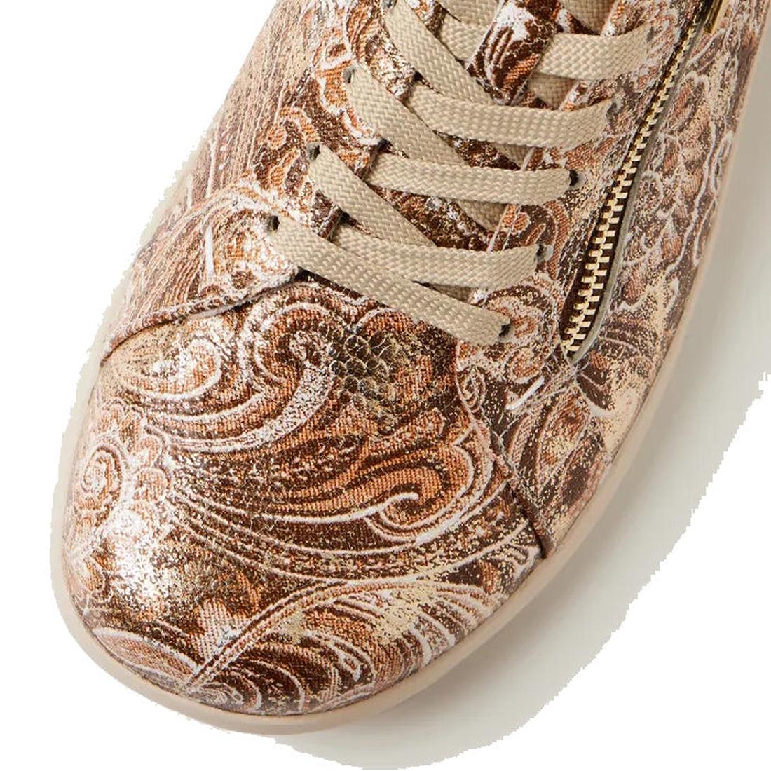 A close-up of the Ziera Solar XW Women's Casual Sneaker in Chocolate Gold Paisley highlights its brown textured leather, ornate gold swirl pattern, high arch support, and side gold zipper., 51033, 4434755528438, 4434755528452, 4434755528476, 4434755528490